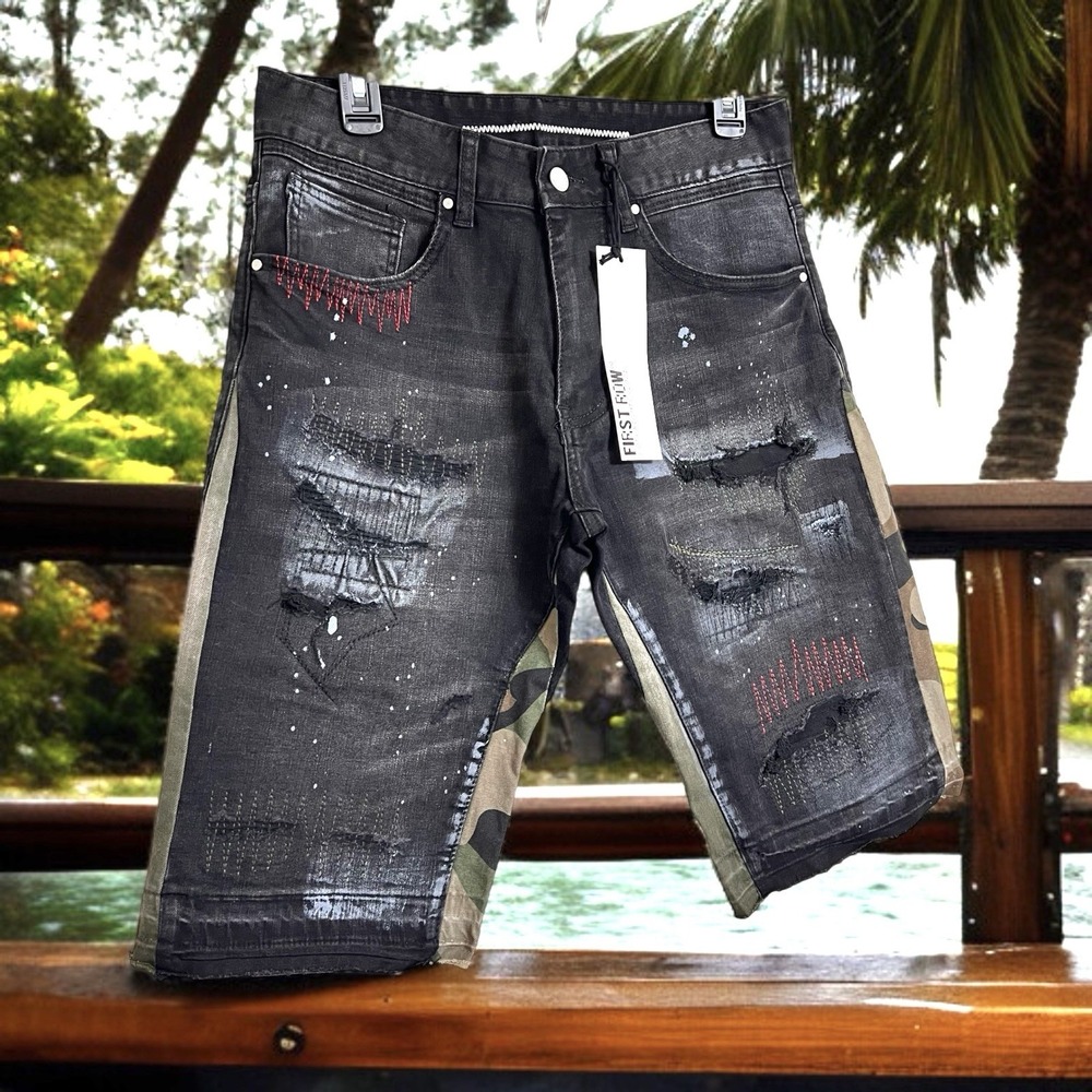 Men's Denim‎ Shorts Sz 30 Distressed Camo Paint Splatter Jorts Black